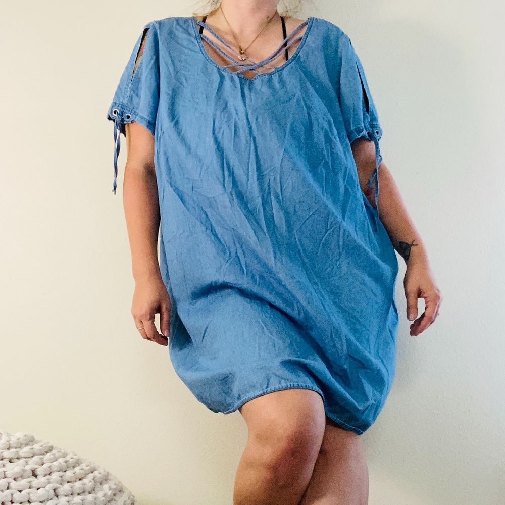 Denim Dress with Peekaboo Shoulders and Neck Detai